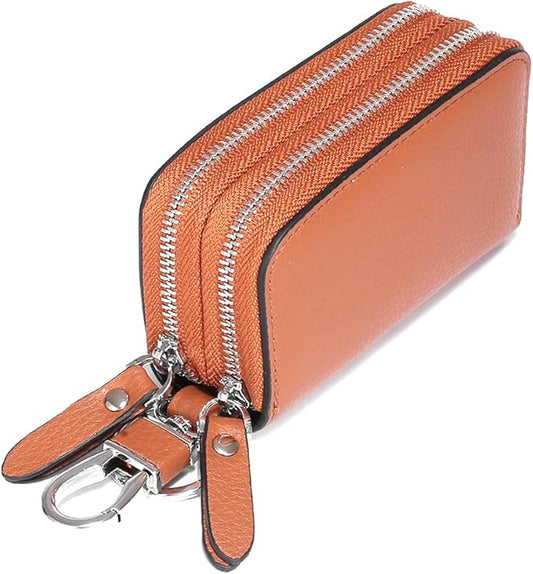 Key Fob Case Genuine Leather, Double Zipper Car Key Holder & Key Wallet with Keychain, Key Pouch for Purse Gift