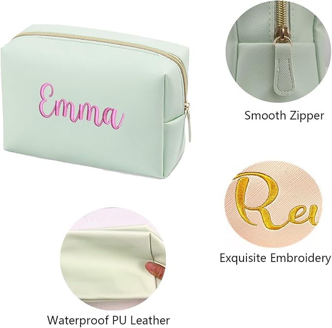 GOPHIE Personalized Embroidered Makeup Bag, Toiletry Bag for Women, Large Cosmetic Travel Bag, Gift For Bridesmaid,Set of 3,Green