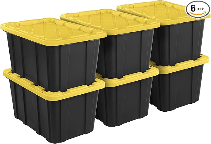 27 Gallon Plastic Storage Container with Snap-On Lid, Heavy-Duty Industrial Tote, Black and Yellow, 28.5x19.6x15.5 Inches, 6 Pack (6, Black/Yellow)