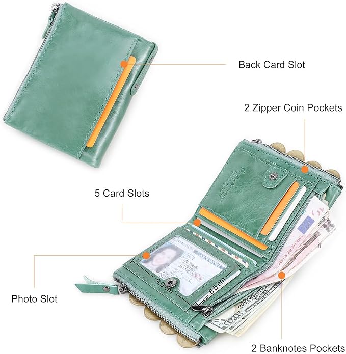 CONTACTS Soft Leather Wallet for Women Small Bifold Coin Purse Double Zipper Card Holder with RFID Blocking (Teal Green)