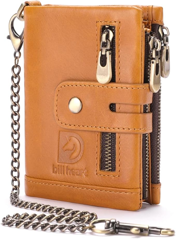 Mens Wallet with Chain Genuine Leather Purse RFID Blocking Biker Bifold Wallet with Anti-Theft Chain