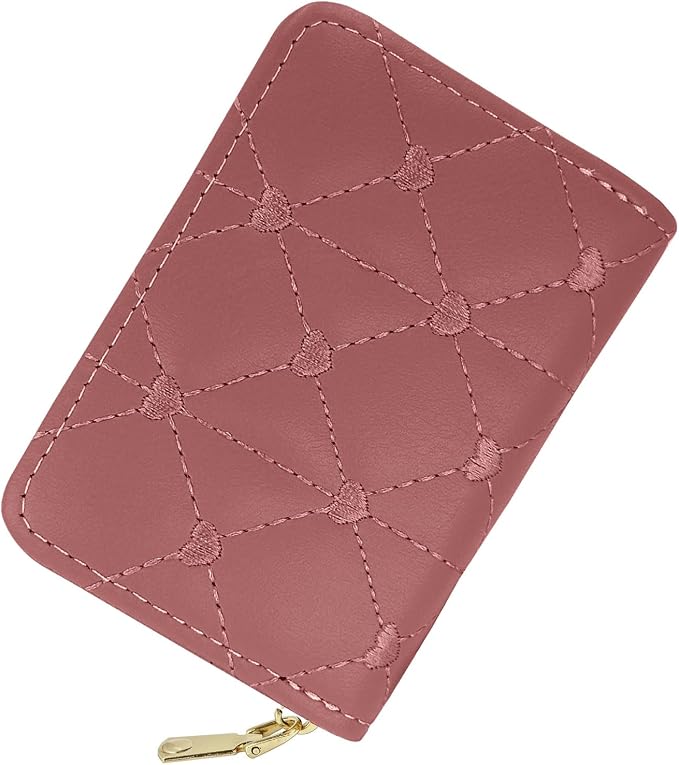 Lady credit card holder, a zippered storage card case, 11 small yet convenient large capacity pockets, heart-shaped embroidery pattern, modern and fashionable style (Pink)