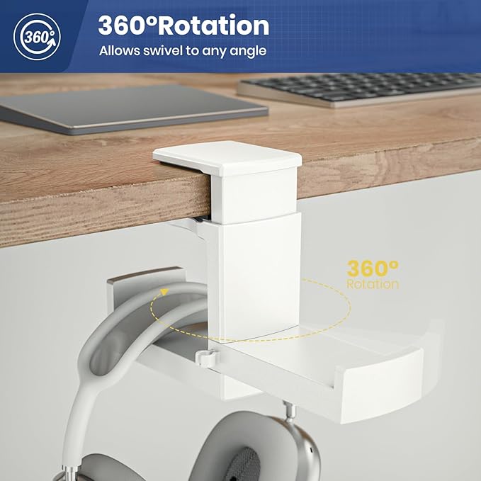 Dual Headphone Stand Holder - EURPMASK 2 in 1 PC Gaming Headset Hooks, 360 Degree Rotating Headphone Hanger with Adjustable Clamp & Cable Clip Organizer, Headset Mount Under Desk Earphone Clamp-White