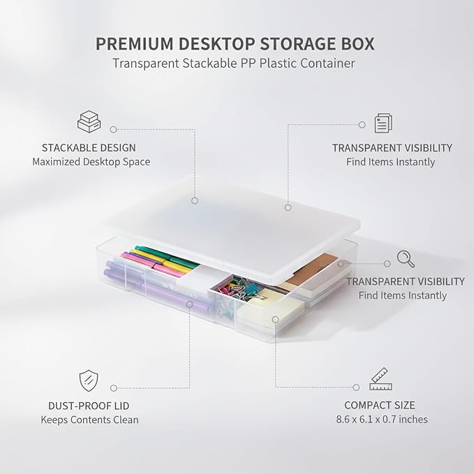 Storage Box, Transparent Stackable PP Plastic Container with Lid for Desktop Organization of Stationery and Documents (1 PC)