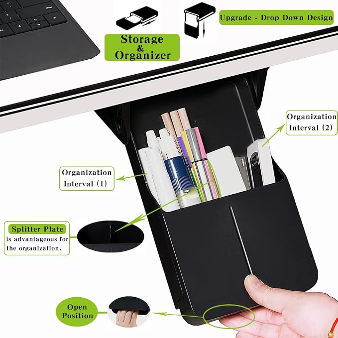 Under Desk Drawer Storage Organizer - 2 Pack (Large and Small) Black - (Please Note - Drawer Size/No Lip Under Desktop) - 2 Installation Methods (Screw or Adhesive)