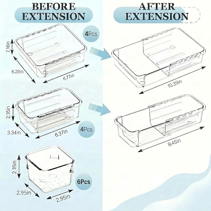 14 Pcs Expandable Clear Drawer Organizer, 3-Size Extendable Drawer Divider, Adjustable Plastic Storage Box, Arcrylic Storage Bins for Makeup Vanity Drawer Dresser DIY Desk Office Kitchen Utensils