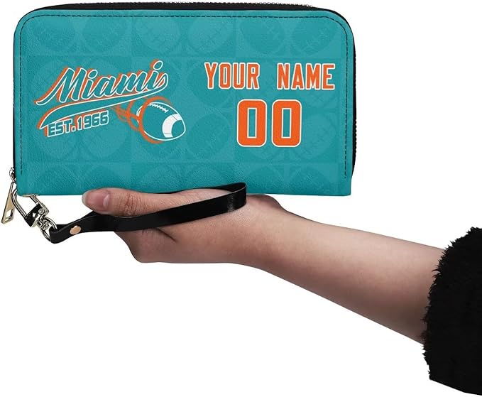 Custom Sports Team Zip Organizer Wallet-Personalized PU Leather Wallet with Name Number,Multi-Card Slots,Wrist Strap,Fan Gift for Men Women.