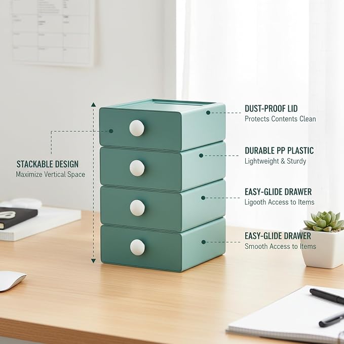 Stackable Desktop Storage Box with Lid, PP Plastic Organizer Bin for Office Desk Clutter, Space Saving File & Supply Container