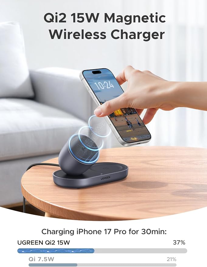 UGREEN Qi2 15W Wireless Charger 2-in-1, MagSafe Compatible Fast Charging Stand for iPhone 17 16 15 14 13 12 Series and AirPods, Fixed Viewing Angle, Compact Desktop Charging Station