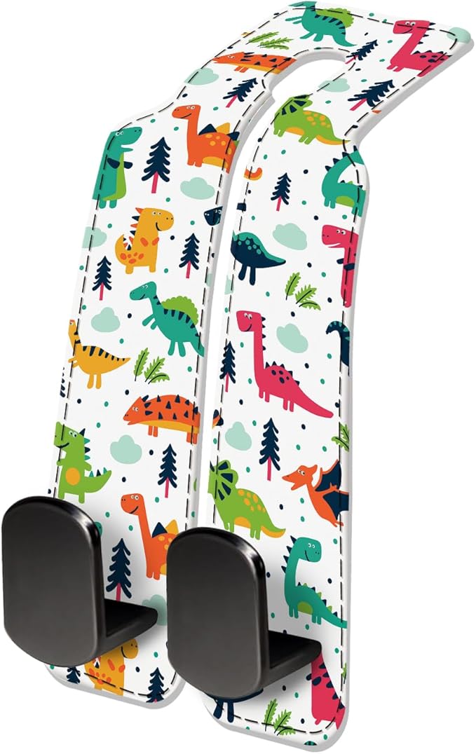 Car Seat Headrest Hook, Universal Leather Cute Hanger Holder Hook, Storage Organizer Interior Accessories for Purse Bags Handbag Colorful Cute Dinosaurs