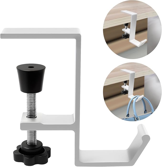 Desk Mount Bag Holder Hook Clamp,On Backpack Hanger Portable Desk Mount Headphones Holder for Reduce Desk Clutter Table Desk Table Hanging Storage (Single Hook White)