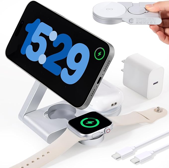 2026 3 in 1 Wireless Charging Station Mag-Safe Fast Charging Station for Apple MagSafe Charger, with USB C Charger, Foldable Charging Magnetic Wireless Charger Stand, Space Aluminum Travel Charger