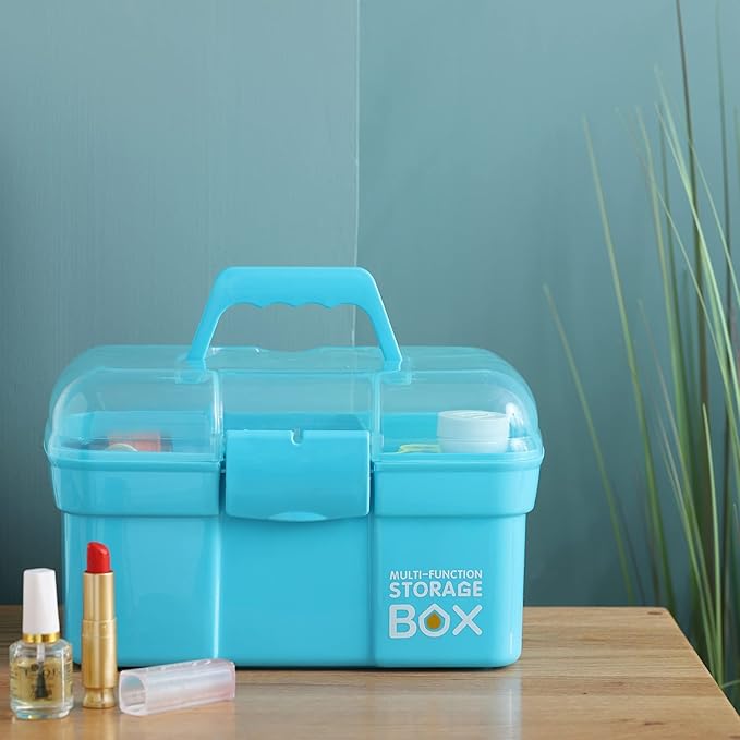 Kinsorcai 11'' Plastic Storage Box with Removable Tray, Multipurpose Organizer and Storage Case for Art Craft and Cosmetic (Blue)