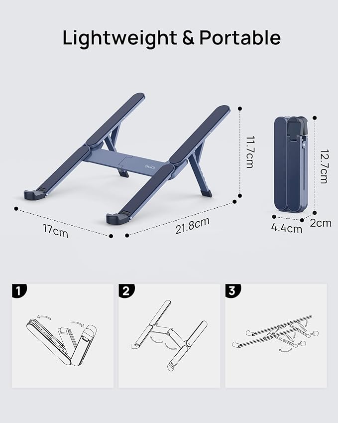 SODI Ultra Compact Foldable Laptop Stand - Portable Laptop Holder for Desk & Travel Use, Adjustable, Ergonomic Aluminum Computer Holder for MacBook, Tablet 10-16" (Blue, Bi-Fold)
