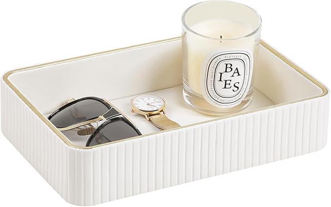 Desk Organizer Tray, PU Leather Nightstand Organizer Perfume Valet Tray for Men Women, Decorative Vanity Trays Trinket Dish Key Bowl for Entryway Table (Ivory, Medium)