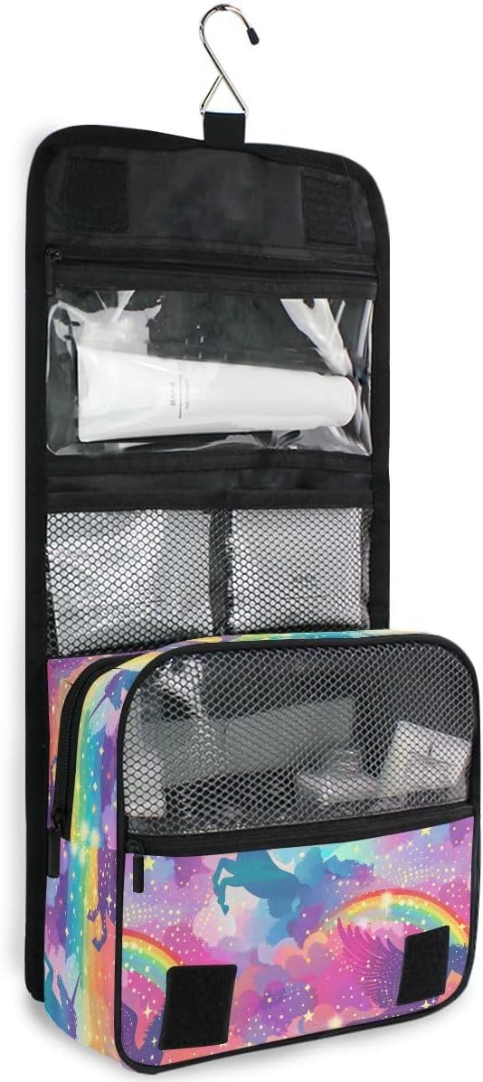 senya Hanging Travel Toiletry Bag Cute Kit Makeup Case Cosmetics Organizer for Men Women (Rainbow Winged Unicorn)