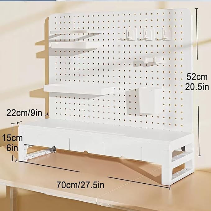 Desk Shelves, Desk Pegboard, Monitor Stand with 3 Drawers, for Gaming & Office, Standing Desk Accessories, for Laptop, Computer(White)