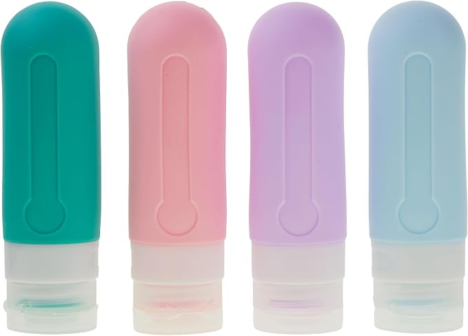 EXPRESSIONS 4pc Refillable Travel Bottles Set – Leakproof Squeeze Bottles with Snap Caps | Toiletry Containers with Labels & Clear Zip Pouch | TSA Approved Travel Bottles for Women & Men