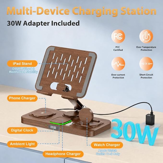 30W Charging Station for Apple Products,Foldable Wireless Charger with Clock Display&7 Color Light,Wired Charging for iPad/Tablet Charging Station for iPhone17, for Apple Watch11for AirPods4(Woodgrain