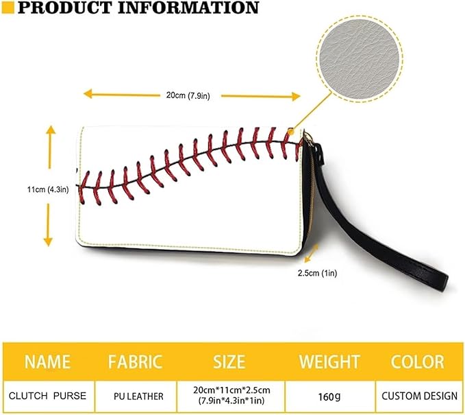 Bulopur White Baseball Print Women Girl Clutch Zip Credit Card Holder Wallet with Wristlet Long Pu Leather Purse