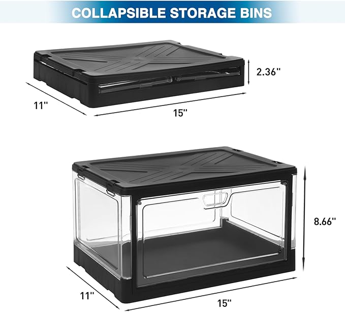 HYBRIDEAS 3-Pack Clear Stackable Storage Bins with Lids Magnetic Doors Open Front Foldable Folding Plastic Craft Containers Large Closet Organizers Box for Bedrooms Living Rooms Study 24 QT