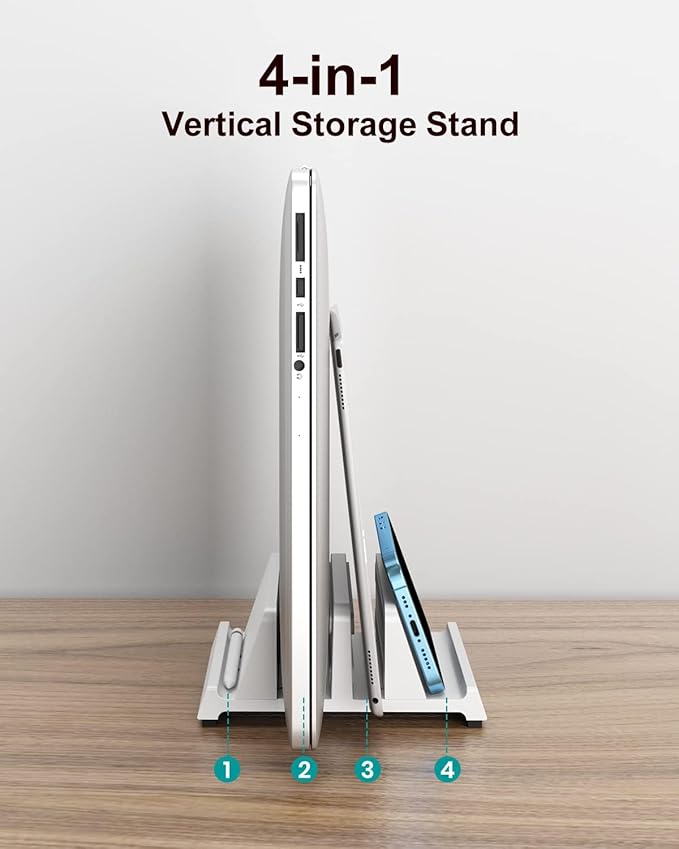 Vertical Laptop Stand for Desk, Dual Slots Plastic Laptop Holder with Space Saving 4-in-1 Design, Adjustable Laptop Stand Supports MacBook, Chromebook, Surface, Dell (White)