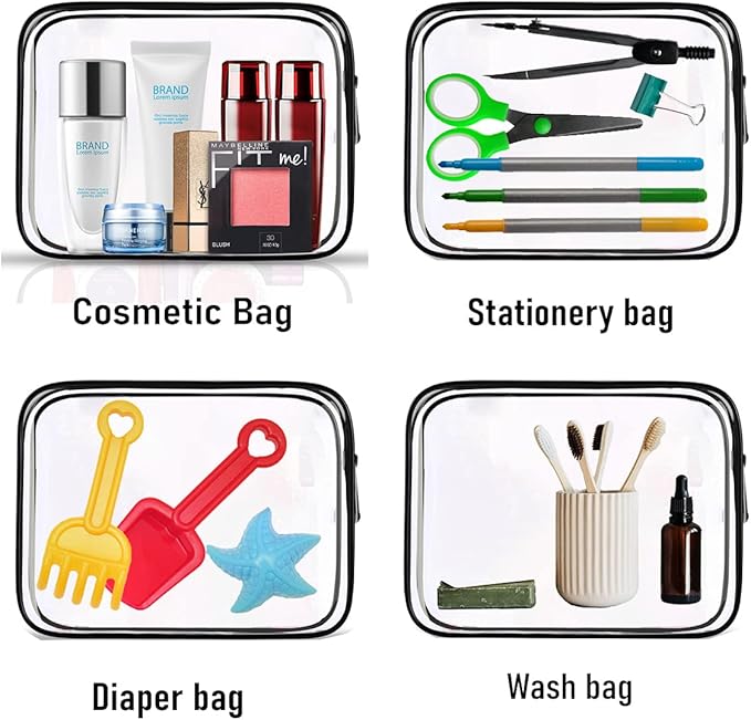 4 Pack Clear Cosmetic Bag for Travel - TSA Approved Toiletry Makeup Pouch - Carry-on Airport Airline Compliant - Portable PVC Waterproof With Zipper for Women - Quart Size Set