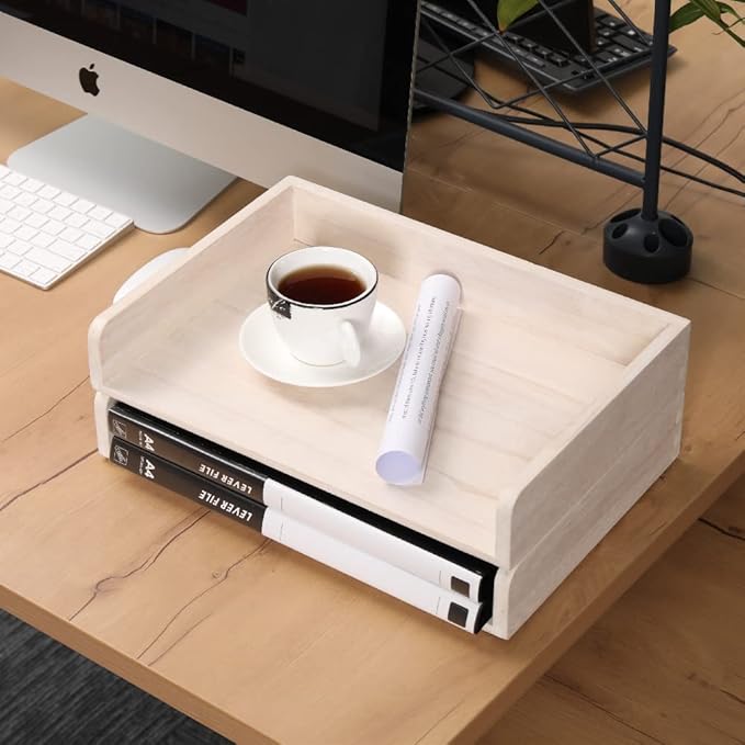 Stackable Letter Tray 2 Pack - Wood Desk File Trays Letter/A4 Paper Organizer Shelf - Wooden Document Shelf Desktop Folder Rack Organization for Office Storage White(2CTP-WH)