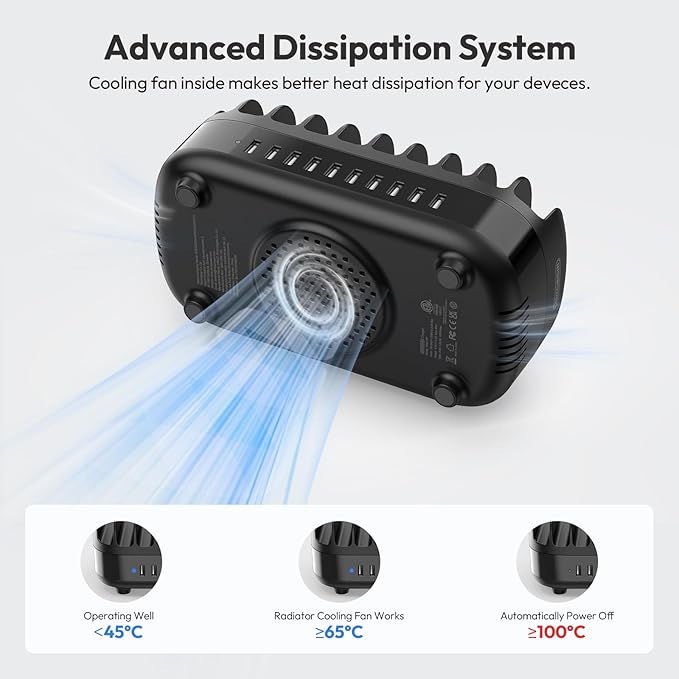 10 Ports Charging Station for Multiple Devices, 120W Charging Station Organizer, USB Charging Docking with Cooling Fan, for iPhone, for iPad, Tablet, Kindle, ETL Listed (2.4A Each, 24A in Total)