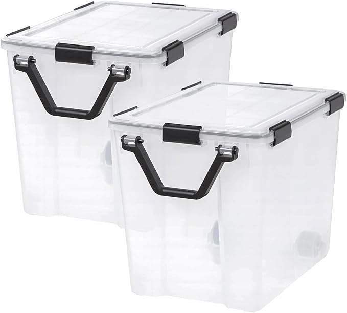 IRIS USA WeatherPro 103 Qt Storage Bins with Lids, 4 Pack, BPA-Free Plastic Gasket Box with Tight Latch and Seal, Stackable Nestable Tote Tub - Clear/Black