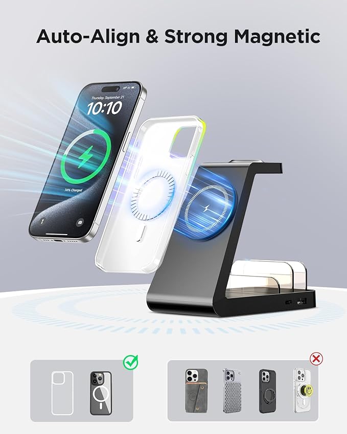 Charging Station for iPhone,5 in 1 Wireless Charger Stand Dock for Apple: Mag-Safe Charging Station for Multiple Devices Apple iPhone 17 16 15 14 13 12 Pro Max Plus iWatch Airpods