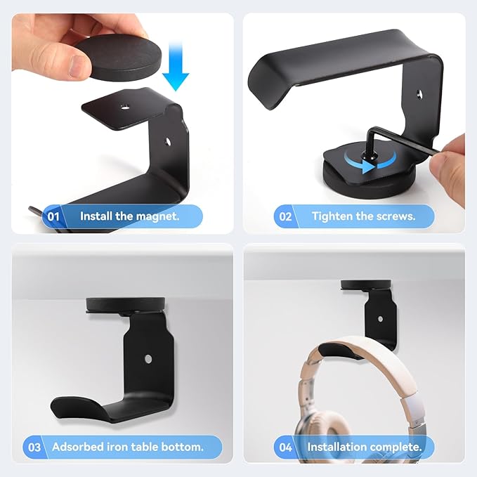 Magnetic Headphone Holder, Large Headset Hooks, Aluminum Headphone Hanger for Desk & Table, Headphone Mount Stand with Rubber Pad, Compatible with All Computer/Gaming Headsets (Black)