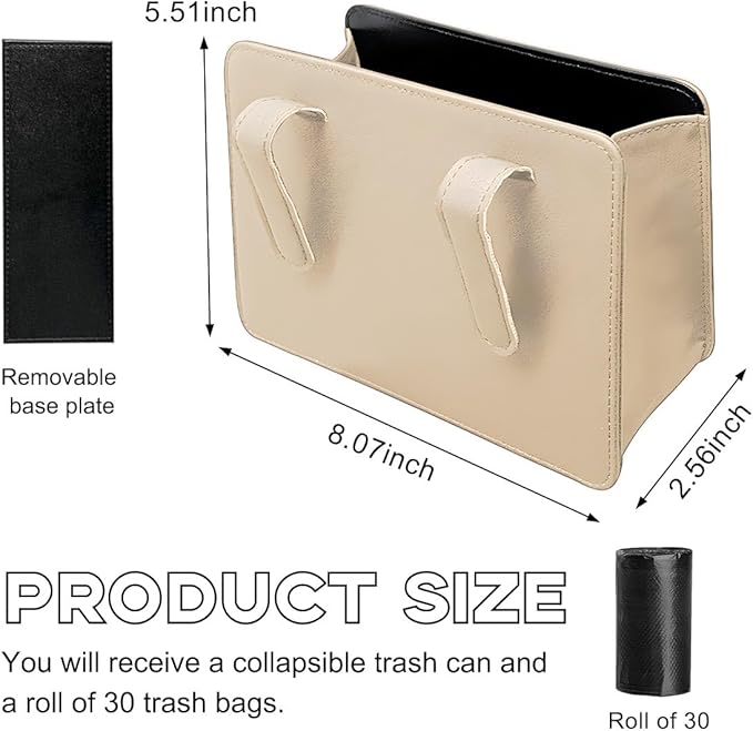Yourkar Car Trash Can, Foldable Waterproof Leather Car Garbage Organizer Holder, Automotive Mini Dustbin Container with One Roll Trash Bag, Universal Interior Car Accessories (Beige)