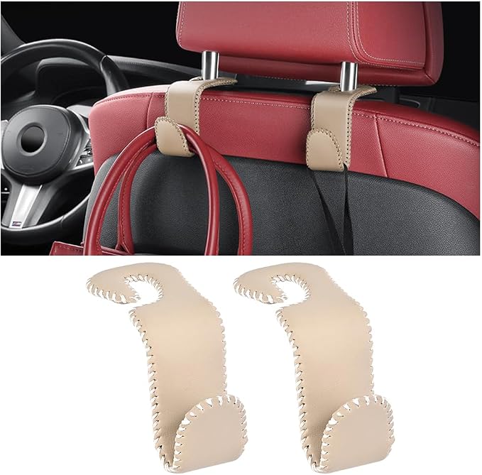 Zpana Car Headrest Hooks, 2PCS Leather U-Shaped Vehicle Purse Storage Hanging Holder for Purses Bags Coats, Automotive Seat Back Storage Organizer Hanger Accessories, Universal Fit (Beige)