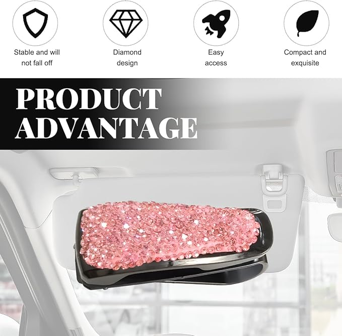 Wevdn 2 PCS Car Sun Visor Glasses Holder, Fashion Bling Car Eyeglasses Sunglasses Hanger for Women Girls, Glasses Holder Clip Hanger Mount with Ticket Card Clip, Car Accessories (Pink)