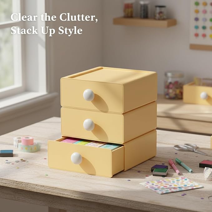 Stackable Desktop Storage Box with Lid, PP Plastic Organizer Bin for Office Desk Clutter, Space Saving File & Supply Container