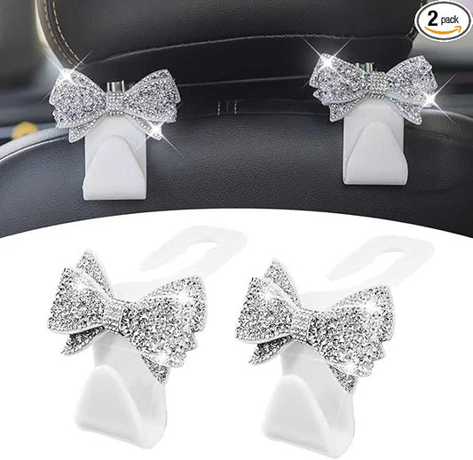 2 PCS Bling Bow Car Headrest Hook, Diamond Sparkling Invisible Seat Headrest Hooks, Vehicle Storage Organizer with Butterfly Bow Vent Clip for Purses, Bags, Groceries (White)
