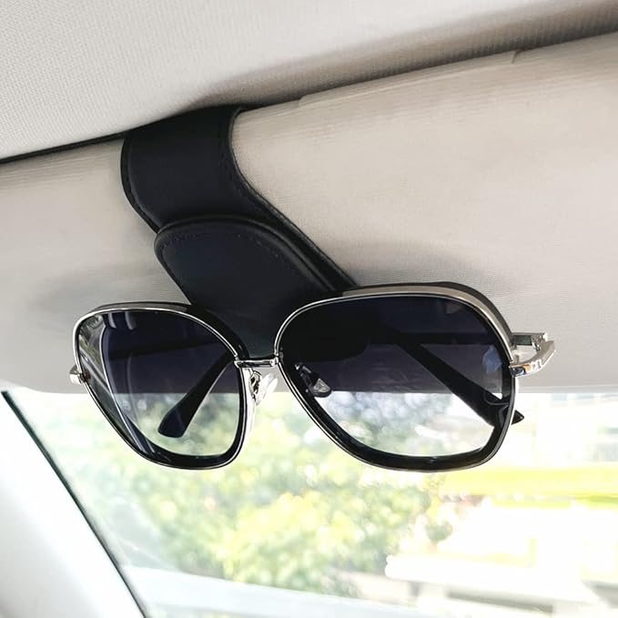 2Pcs Sunglass Holder for Car, Magnetic Leather Eyeglass Hanger Clip for Car Sun Visor, Sunglasses Holder and Ticket Card Clip for Car Visor Accessories