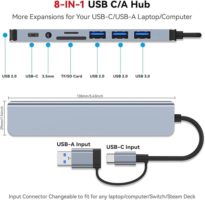 USB Hub 3.0 USB C Hub with SD Card Reader Audio Jack 8 in 1 USB Extender Splitter Multiport Dongle Adapter for MacBook Pro Air and More PC/Laptop/Tablet Devices