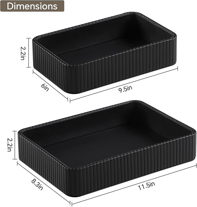 Desk Organizer Tray, PU Leather Nightstand Organizer Perfume Valet Tray for Men Women, Decorative Vanity Trays Trinket Dish Key Bowl for Entryway Table (2pcs, Black, Large+Small)
