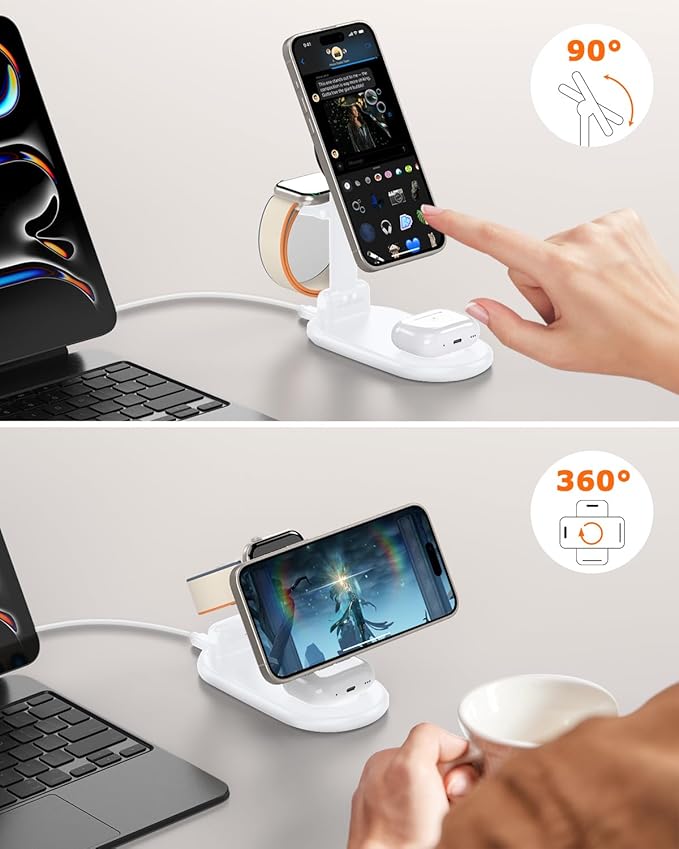 Magnetic Wireless Charger Mag-Safe 3 in 1 Charging Station,15W Max Foldable Wireless Charging Stand for iPhone 17/16/15/14/13/12, Fast Travel Charger for Multiple Devices iWatch Airpods (White)