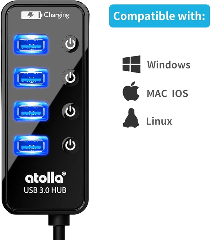 USB 3.0 Hub, atolla 4 Ports Super Speed USB 3 Hub Splitter with On Off Switch with 1 USB Charging Port (Cable Length 2 Feet, No AC Adapter) (4-Port hub)