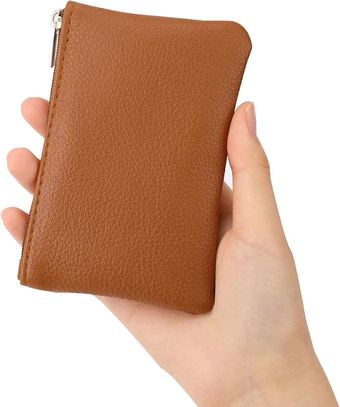 KALIONE 2 Pack Coin Purse, Portable PU Leather Coin Purse with Zipper Coin Purse Mini Change Purse Small Coin Purse for Women Credit Card Folded Bills ID Key(Black&Light Brown)