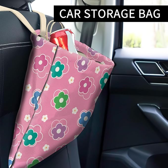 Car Trash Can, Cute Car Trash Bag, Hanging Car Organizer and Storage Bag, Trash Bin for Car Accessories, Vehicle, Travelling, Camping Pink Cute Flowers