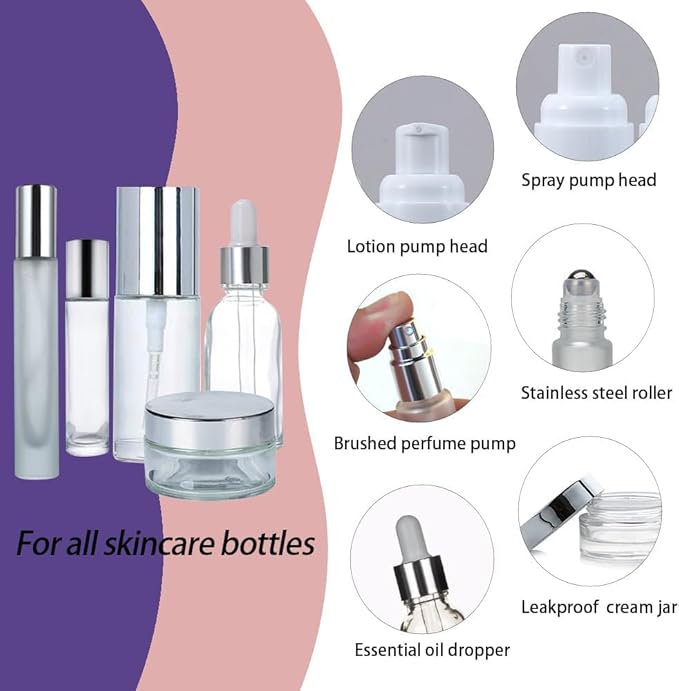 18Pack Glass Travel Bottles for Toiletries, TSA Approved Glass Travel Containers 1.35/0.7/1 oz Silver Small Travel Bottles with Label, BPA Free Leak Proof with Pump Spray Bottles for Makeup, Skincare
