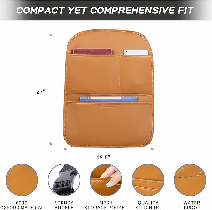 Kick Mat Back Seat Protector， Waterproof Leather Car Seat Back Organizers Cover with 3 Storage Pockets for Kids Pets SUV Sedan Minivan Truck Car Travel Accessories (Cayenne Yellow 2-pack)