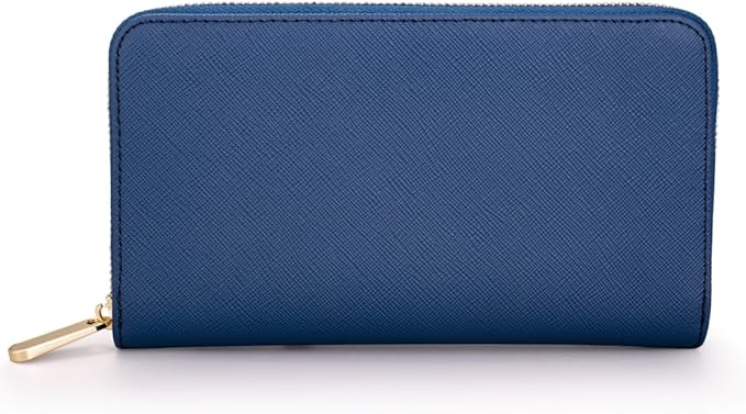 Luxury Real Leather Zip Around Travel Wallet | Large Capicity Card Holder Organizer | Classic Phone Clutch for Men Women (Navy - Saffiano Leather)