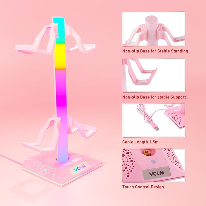 VCOM RGB Gaming Headphones Stand with 2 USB Ports, Pink Headset Stand with 10 Light Modes and Non-Slip Rubber, Suitable for PC Desk Accessories Gamers Gift(Pink)