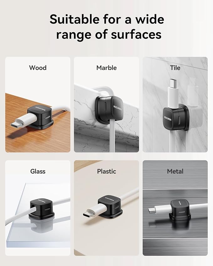 8 Pack Magnetic Cable Clips, Rocoren Under Desk Cord Holder Cable Management-1s Lock, Adhesive Cord Cable Clip Wire Holder Keeper Organizer for Phone Car Home Office Desk Wall Desktop Nightstand