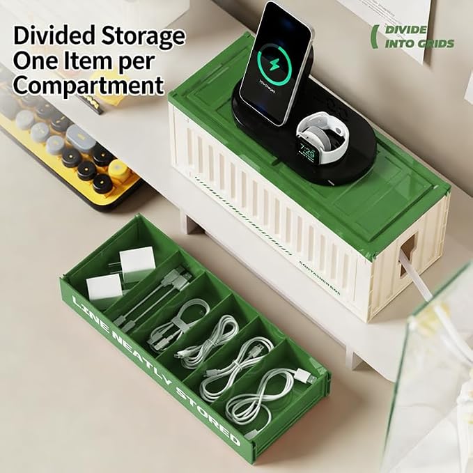 Cable Management Box with Shipping Container Design, Tall Cord Organizer for Desk and Floor, Large HIPS Wire Hider for Power Strip and Surge Protector, Green